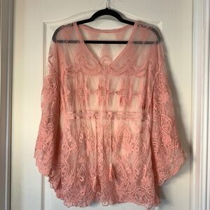 NWT Milos Lace Boho Top Peach Coral Size 44  Sheer Romantic Festival